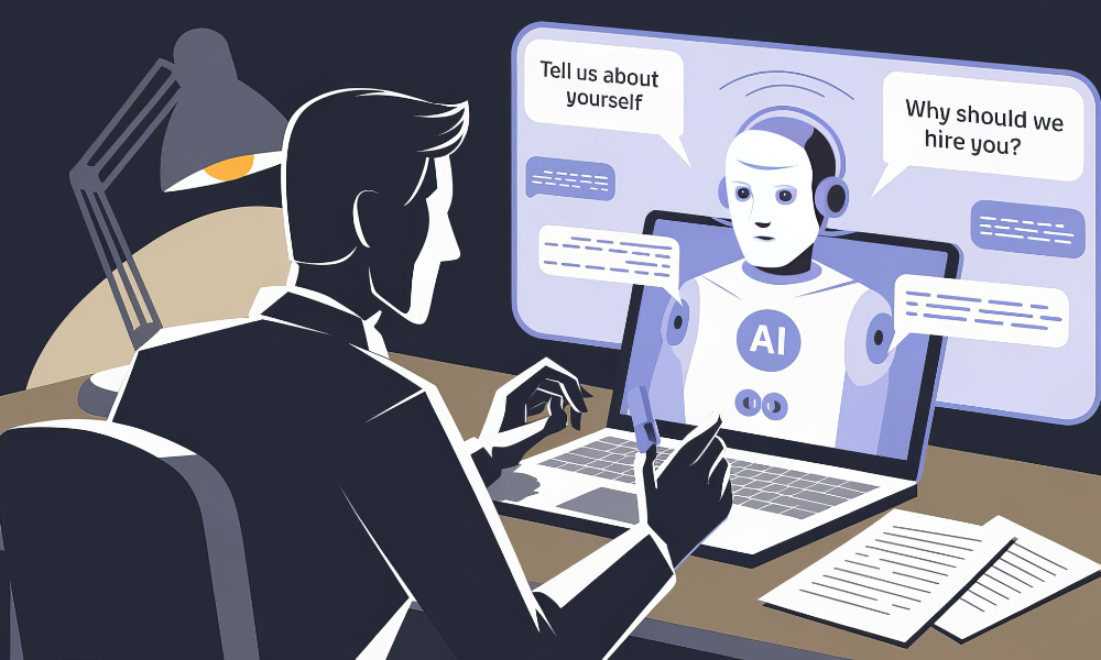 an illustration of a man talking to ai during interview preparation