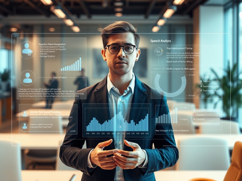 An Ai man with some infographic on the screen